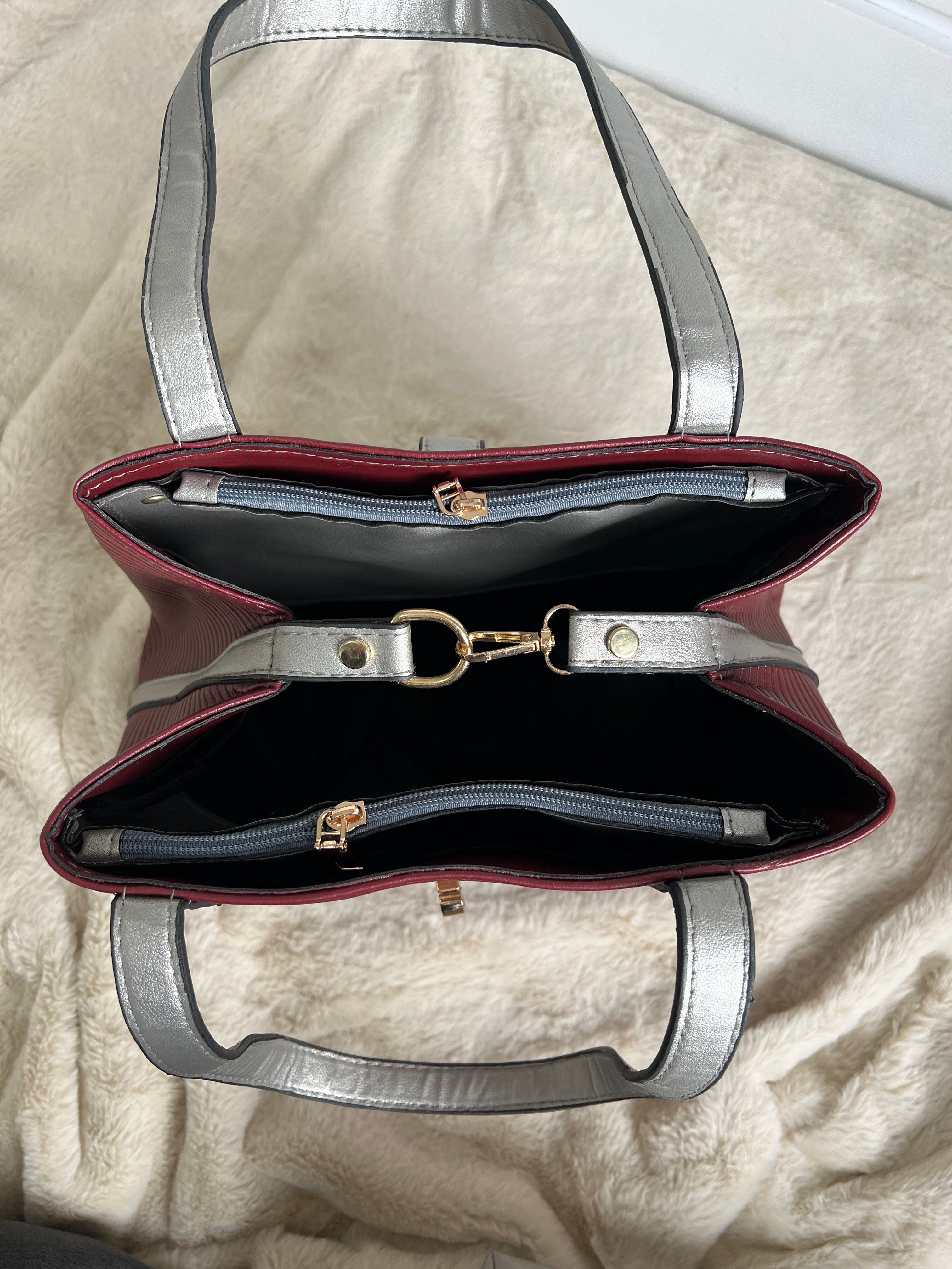 Burgandy
 and silver bag